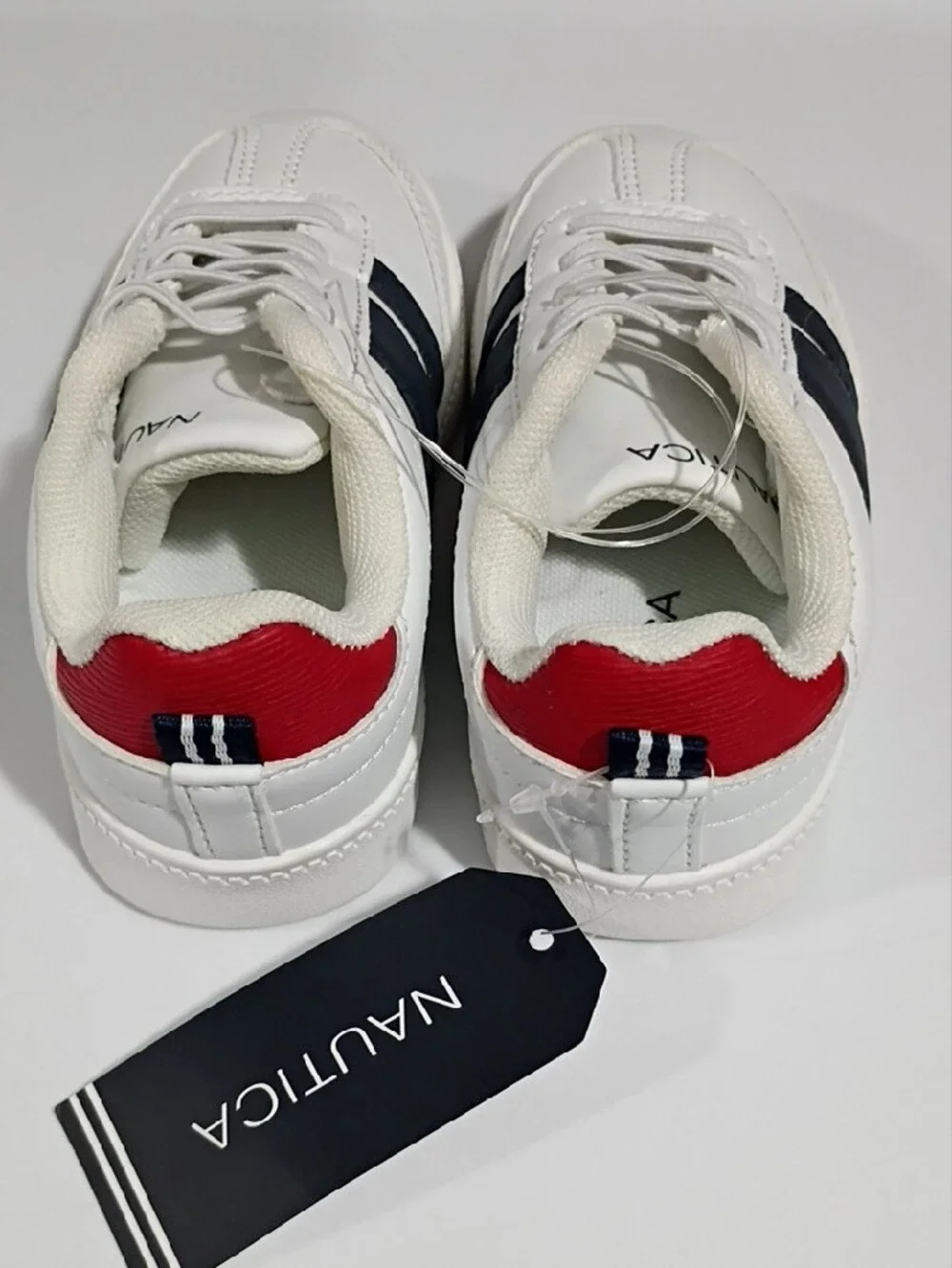 NAUTICA Kids White Sneakers with Navy Stripes and Red Heel Trim - SIZE 6 Toddler